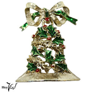 Vintage Gerry's Holiday Christmas Enamel Bell Pin Brooch w Bow 2" Long - Hey Viv